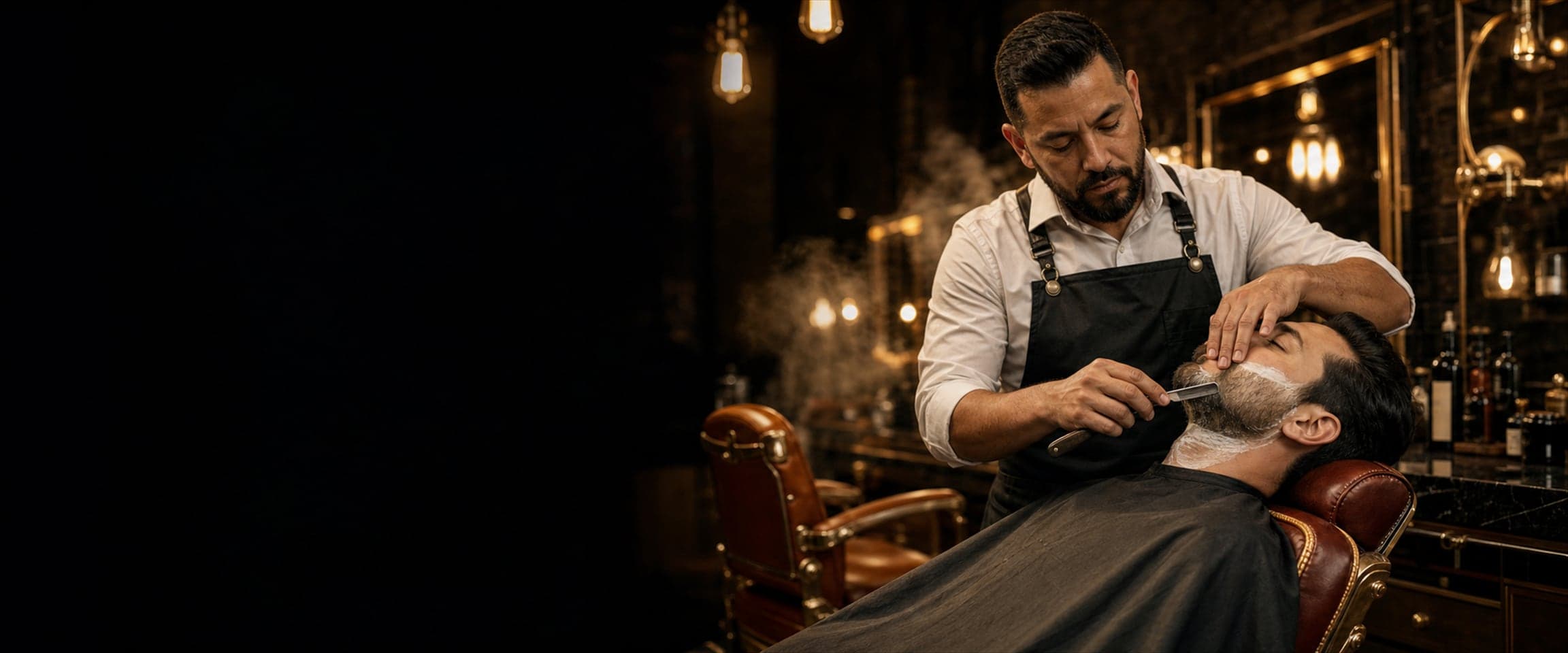 Straight razor gliding through shaving lather on a jawline