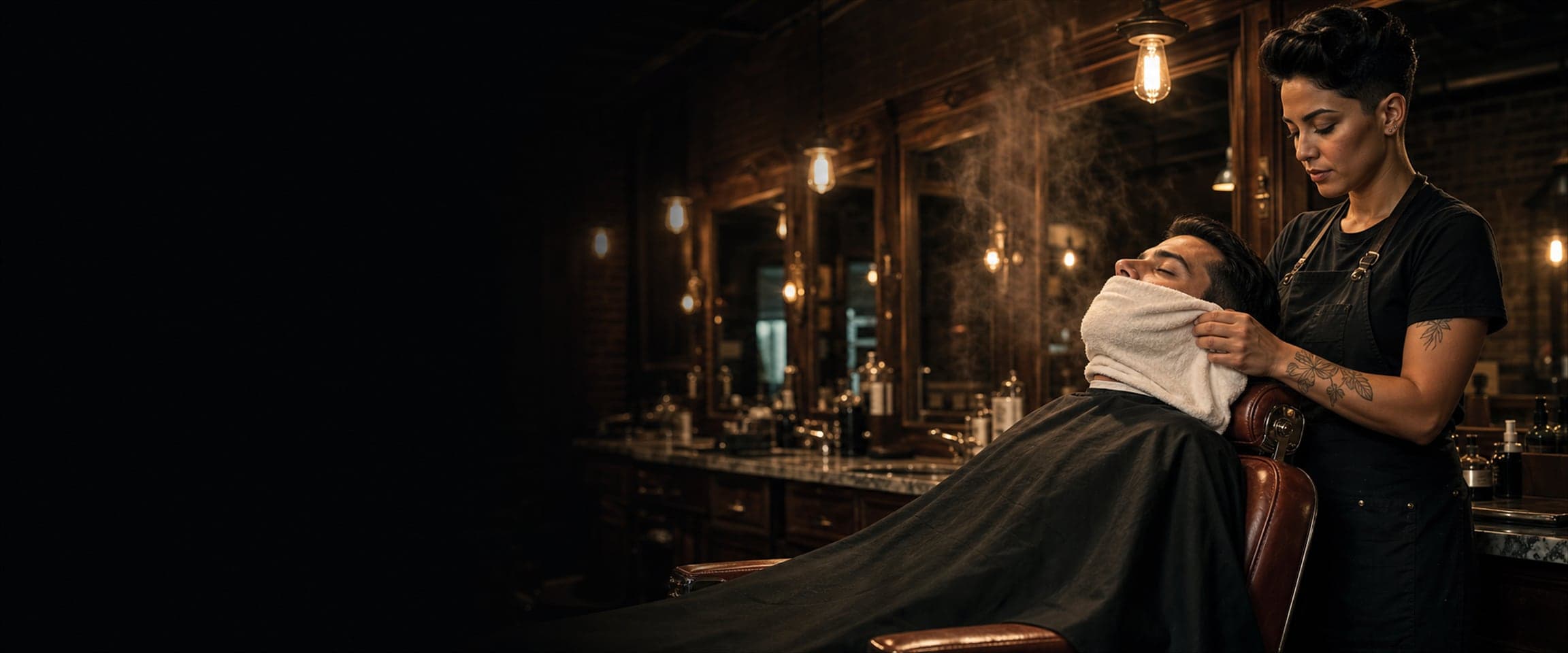 Barber pressing a steaming hot towel onto a client’s face